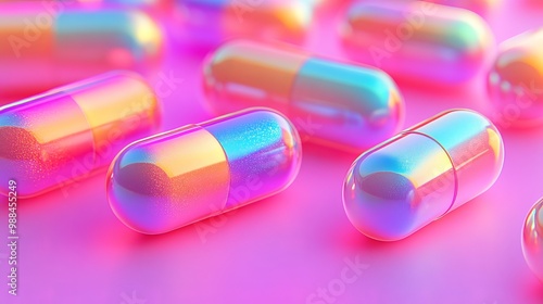 A futuristic arrangement of rainbow-reflecting capsules against a vibrant pink background, blending color and technology in a striking design