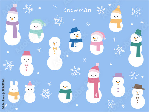 雪だるまと雪の結晶のベクターイラストセット。冬、アイコン、ゆきだるま