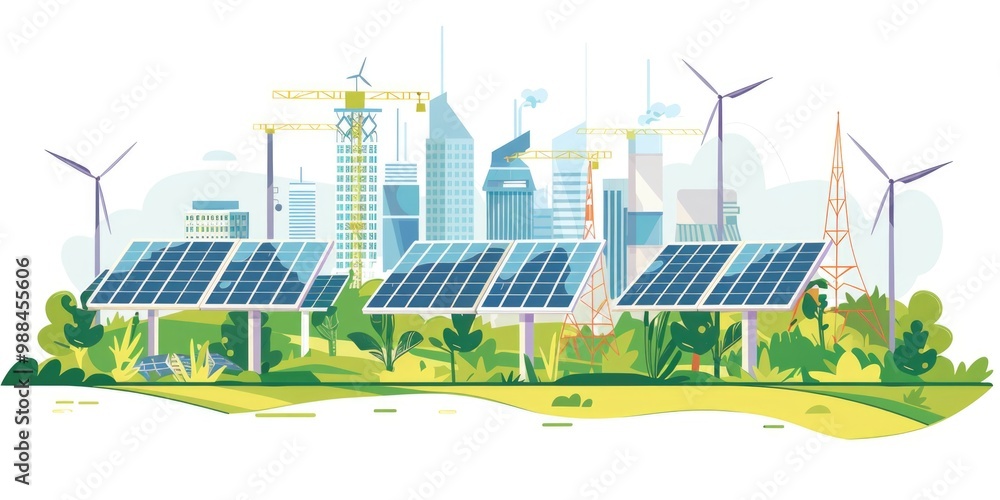 A cityscape with wind turbines and solar panels generating clean energy A cityscape with wind turbines and solar panels generating clean energy