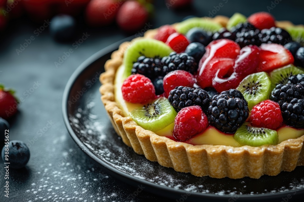 A vibrant fruit tart with a buttery crust, filled with custard and topped with an assortment of fresh berries and kiwi slices A vibrant fruit tart with a buttery crust, filled with custard and topped with an assortment of fresh berries and kiwi slices