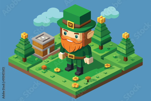 A cheerful leprechaun stands in a vibrant forest, surrounded by trees, flowers, and a treasure chest under a bright blue sky.