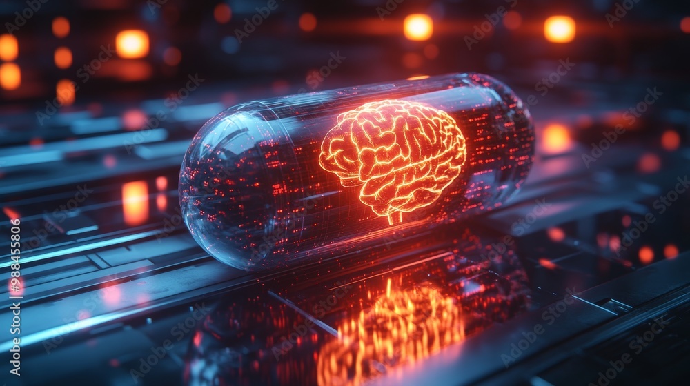 A futuristic capsule lying on a mirrored surface, glowing with rhythmic pulses of light, holographic human anatomy floating, symbolizing cutting-edge medical discovery A futuristic capsule lying on a mirrored surface, glowing with rhythmic pulses of light, holographic human anatomy floating, symbolizing cutting-edge medical discovery