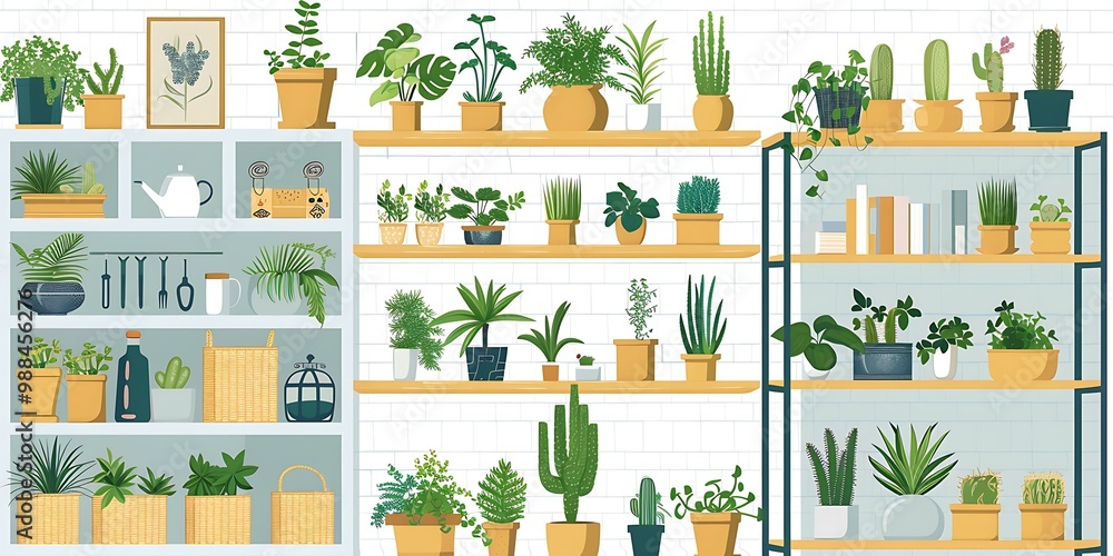 Collection Of House Plants On Shelves In White Room Collection Of House Plants On Shelves In White Room