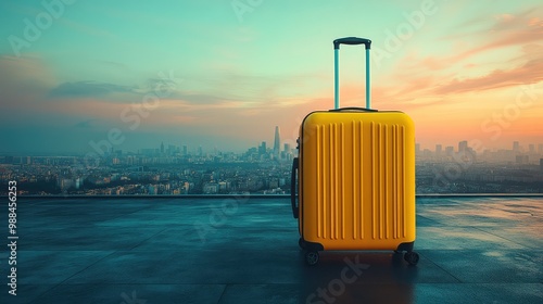 Traveler with Yellow Suitcase Facing Flight Delays and Canceled Travel Plans, Highlighting Travel Bans and Vacation Problems at the Airport photo