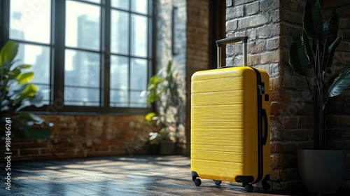 Traveler with Yellow Suitcase Facing Flight Delays and Canceled Travel Plans, Highlighting Travel Bans and Vacation Problems at the Airport photo