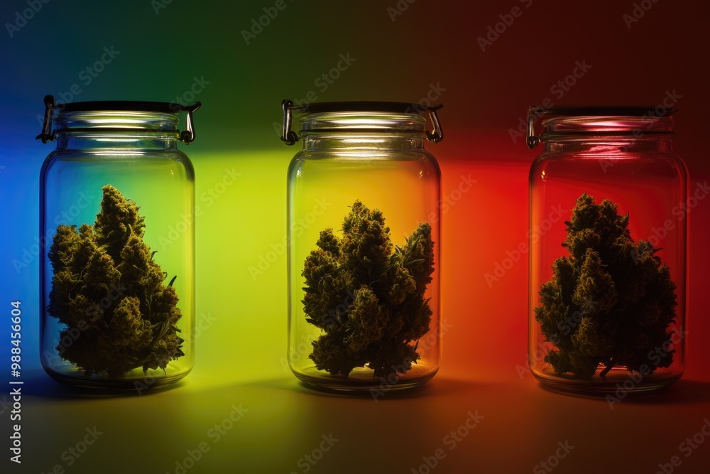 Colorful Display of Three Glass Jars with Dried Cannabis Buds – Perfect for Print, Poster, Design Colorful Display of Three Glass Jars with Dried Cannabis Buds – Perfect for Print, Poster, Design