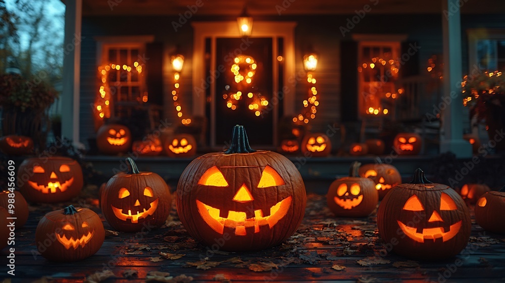Front porch Halloween decor featuring glowing Jack O' Lanterns ghostly lights eerie shadows Front porch Halloween decor featuring glowing Jack O' Lanterns ghostly lights eerie shadows