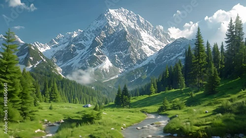 Mountain landscape seen from a distance with views of forests, expanses of green grass and flowing rivers