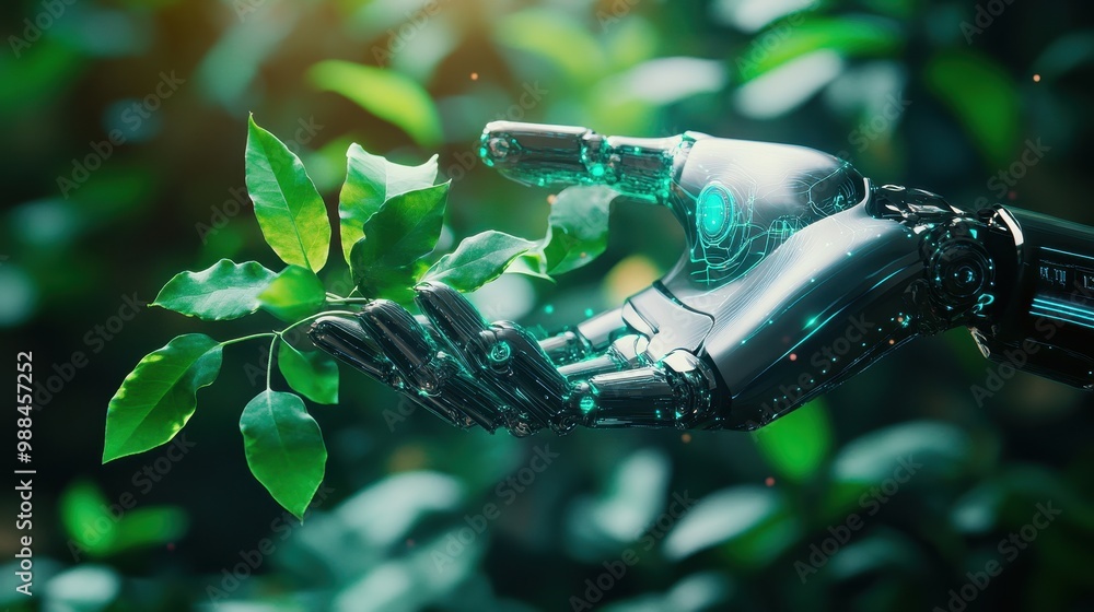 Futuristic Robotic Hand Holding Green Leaves in a Natural Environment, Symbolizing Technology and Nature Harmony Futuristic Robotic Hand Holding Green Leaves in a Natural Environment, Symbolizing Technology and Nature Harmony