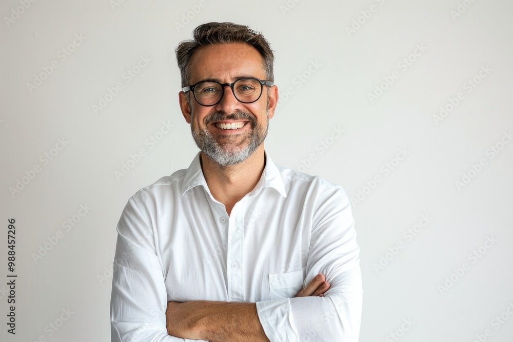 A person wearing glasses and a white shirt, suitable for various settings where a professional or intellectual atmosphere is needed