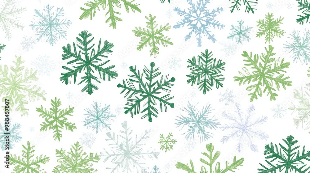 Seamless Pattern with Green and White Snowflakes of Various Sizes on White Background Seamless Pattern with Green and White Snowflakes of Various Sizes on White Background