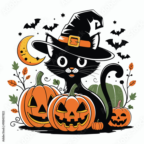 halloween cat background with pumpkin