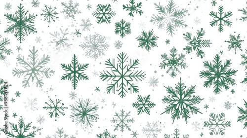  Seamless Pattern with Green and White Snowflakes of Various Sizes on White Background