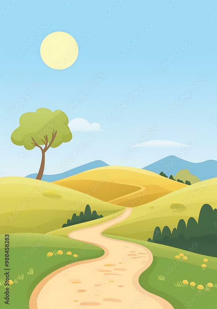 Winding Road Through Green Hills Landscape Illustration Winding Road Through Green Hills Landscape Illustration