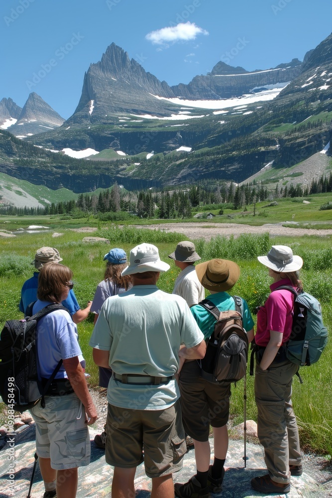 Group Of Friends Enjoying Scenic Mountain View During Summer Hike, Exploring Nature Together Group Of Friends Enjoying Scenic Mountain View During Summer Hike, Exploring Nature Together