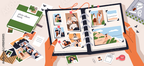 Photo album, memory collection. Family pictures, personal shots, happy moments on open scrapbook pages. Hands holding photograph book, organizing snapshots, images in diary. Flat vector illustration