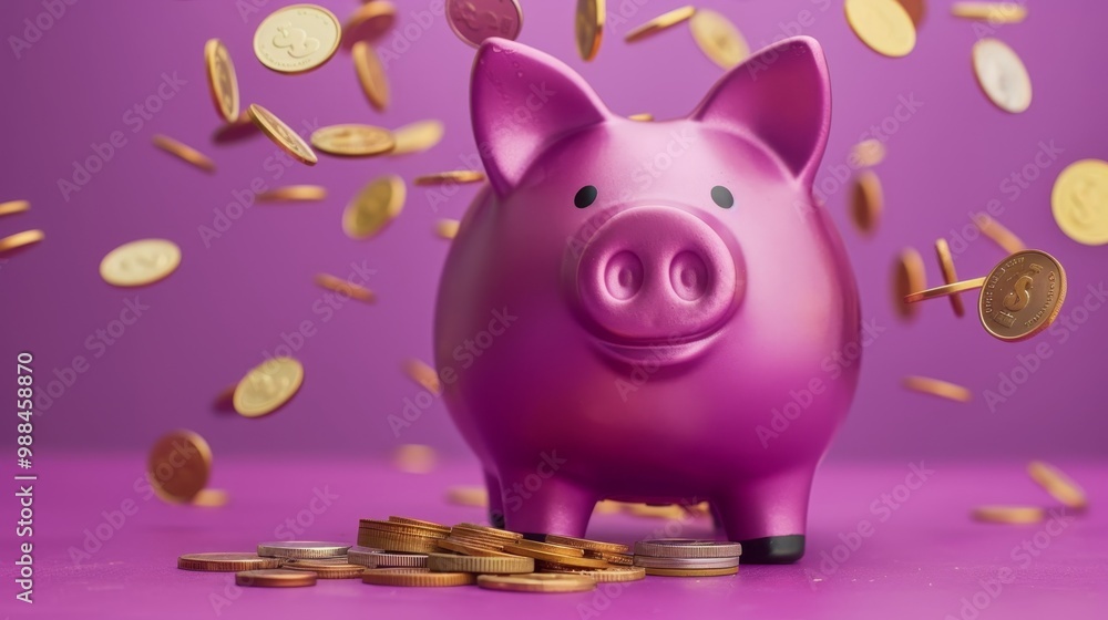 Φωτογραφία Financial Growth Concept Pink Piggy Bank Showered in Gold Coins against Vibrant