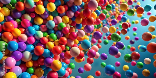 A kaleidoscope of color and movement erupts as multicolored rubber balls bounce and careen through the air, radiating photo