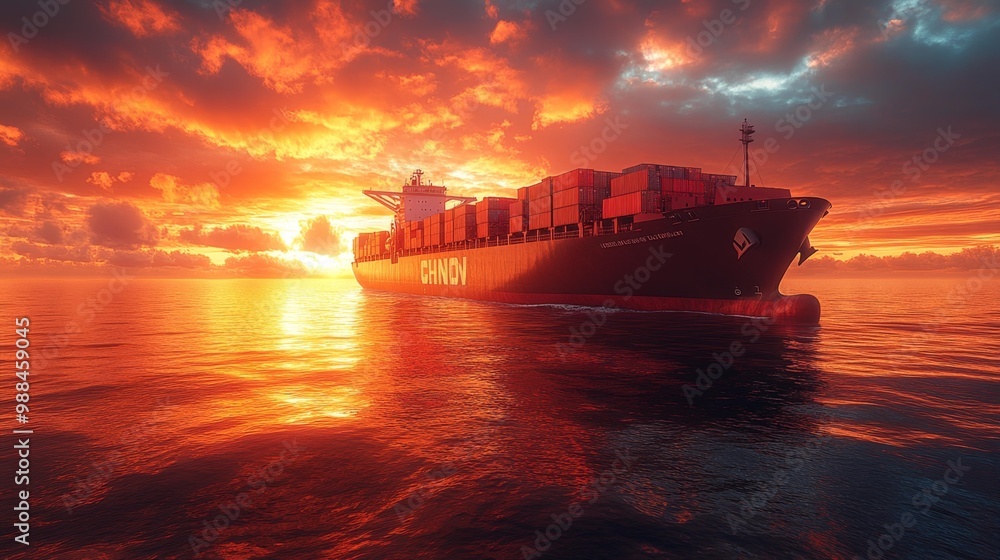 Fototapeta premium Container Ship at Sunset in Ocean Waters Generative AI
