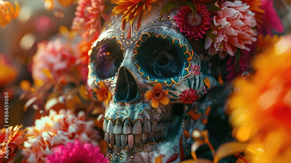 A skull surrounded by colorful flowers A skull surrounded by colorful flowers