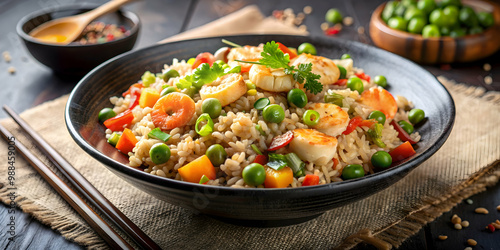 Stir-fried rice with mixed vegetables, shrimp, and tofu, garnished with scallions and sesame seeds