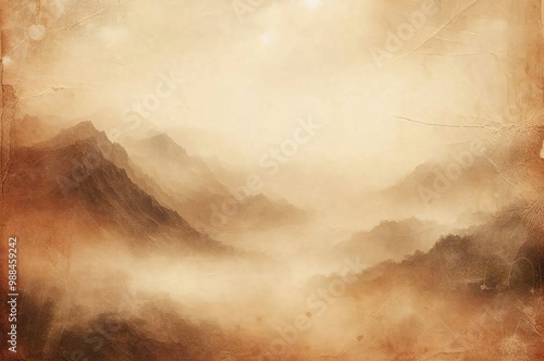 Sepia-toned landscape with distant mountains fading into mist, evoking a sense of nostalgia