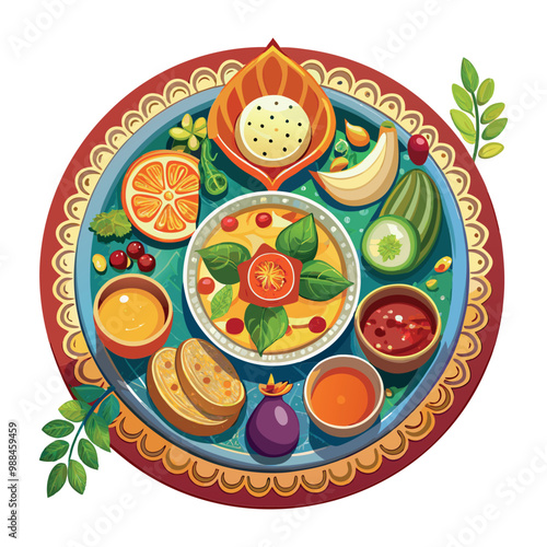 Vibrant indian thali meal with assortment of delicious food and fruits