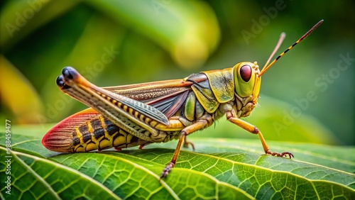 A locust finds respite on a green leaf, its shimmering wings unfurled, revealing delicate patterns and veins, a