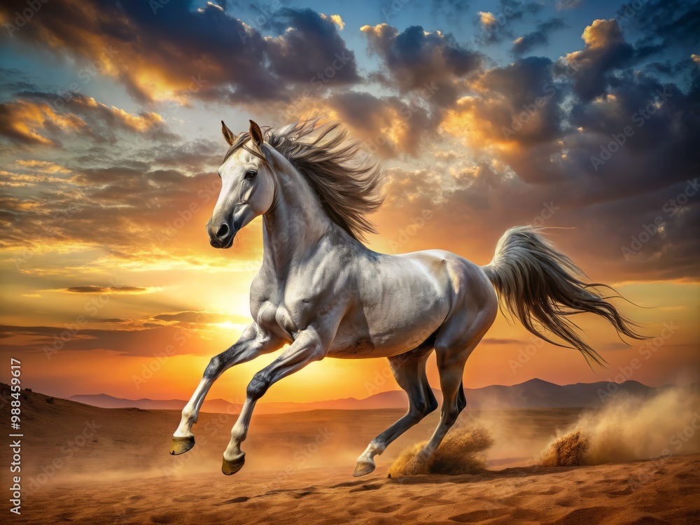 A lone Arabian horse gallops freely, its athletic form bobbing up and down as it traverses the sandy A lone Arabian horse gallops freely, its athletic form bobbing up and down as it traverses the sandy