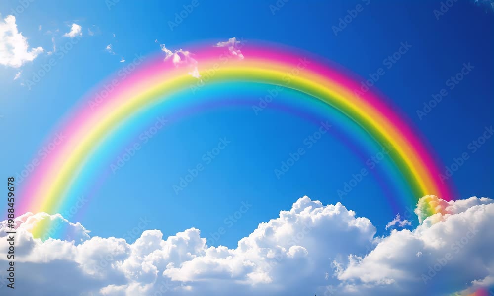 A bright, colorful rainbow, curving in an arc above floating fluffy white clouds in a clear blue sky, symbolizes hope and positivity. A bright, colorful rainbow, curving in an arc above floating fluffy white clouds in a clear blue sky, symbolizes hope and positivity.