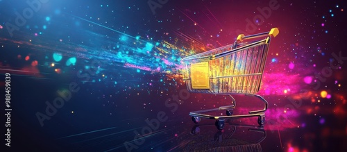 Futuristic Shopping Cart with Colorful Digital Effects on a Dark Background