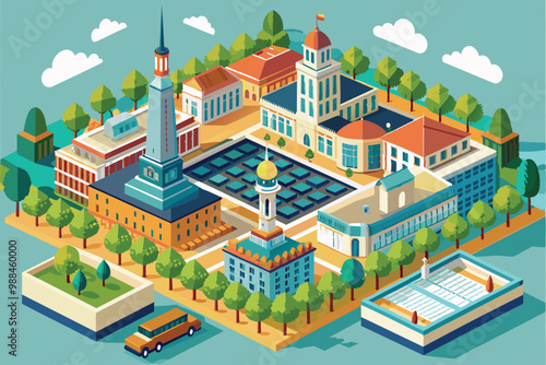 This customizable isometric illustration features Madrid's iconic landmarks surrounded by green spaces, showcasing the city's lively urban atmosphere.