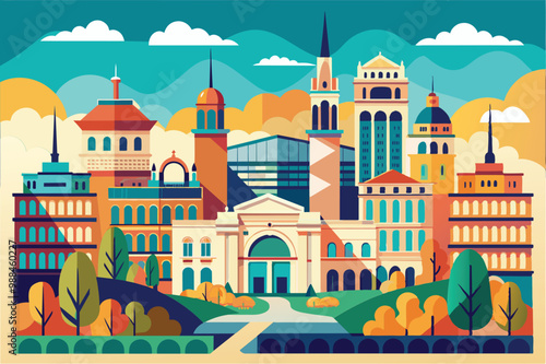 This vibrant artwork showcases Madrid's iconic buildings amidst a picturesque landscape, capturing the essence of the city in a unique style.
