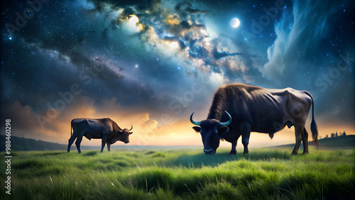 Wallpaper Mural A bull and buffalo grazing in a dark, grassy field under the night sky, animals, livestock, cattle, night time, grass, field Torontodigital.ca