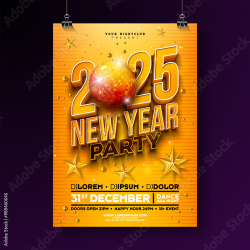 Happy New Year 2025 Party Celebration Poster Template Illustration with Shiny Disco Ball and 3d Typography Lettering on Yellow Background. Vector New Year Eve Holiday Design. Premium Invitation Flyer