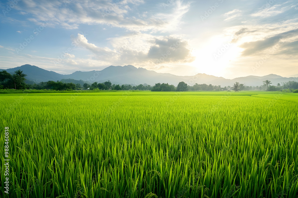 Green Rice Paddy Field Landscape with Mountains in Background - Photo Green Rice Paddy Field Landscape with Mountains in Background - Photo