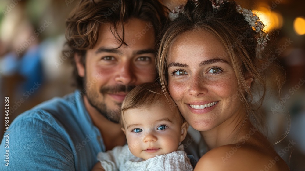 Fototapeta premium young family with baby at family garden party father mother, small child at birthday party