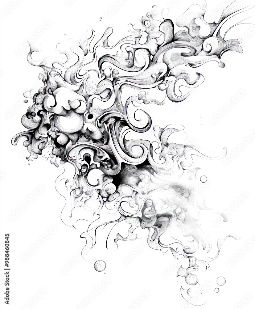 Abstract swirling smoke design with delicate lines and bubbles in black and white on a white background. Abstract swirling smoke design with delicate lines and bubbles in black and white on a white background.