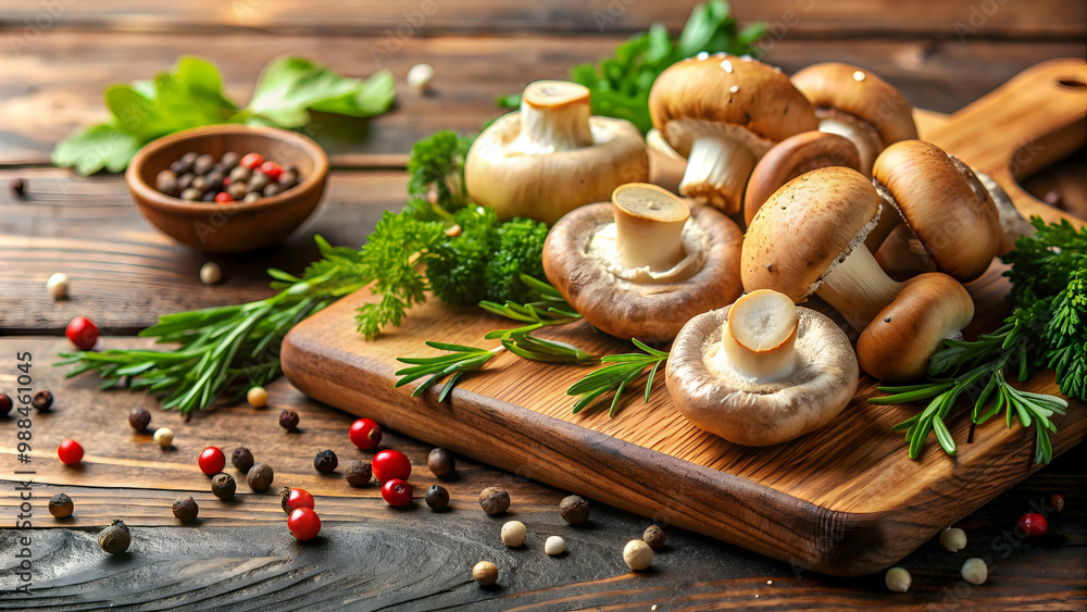 Close-up of fresh mushrooms on wooden cutting board with herbs and seasonings, mushrooms, fresh, food Close-up of fresh mushrooms on wooden cutting board with herbs and seasonings, mushrooms, fresh, food
