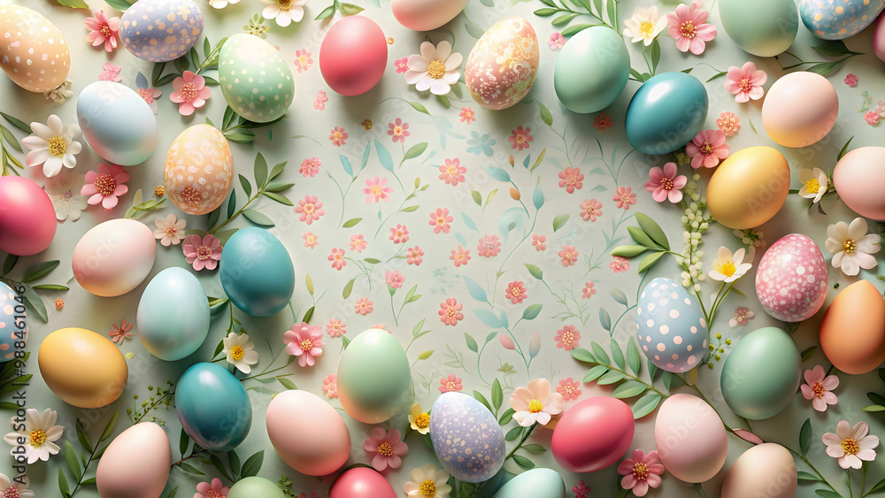 Pastel painted eggs arranged on a floral background, pastel, painted, eggs, floral, background, spring, colorful, decoration Pastel painted eggs arranged on a floral background, pastel, painted, eggs, floral, background, spring, colorful, decoration
