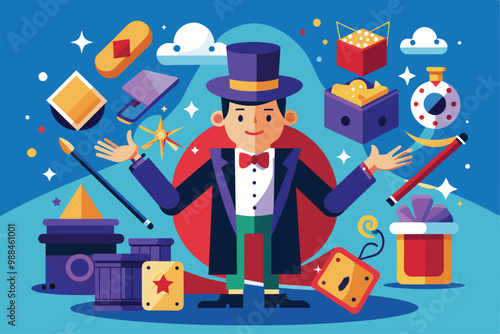 A magician performs a captivating magic trick with colorful props while surrounded by playful illustrations in a vibrant, enchanting atmosphere.