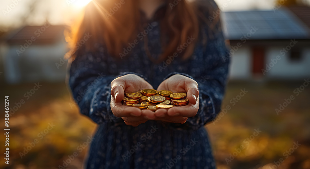 A Person Holding Coins in Front of Their House with Solar Panels, Representing Sustainable Living, Renewable Energy, and Financial Savings in an Eco-friendly Home Environment
A Person Holding Coins in Front of Their House with Solar Panels, Representing Sustainable Living, Renewable Energy, and Financial Savings in an Eco-friendly Home Environment