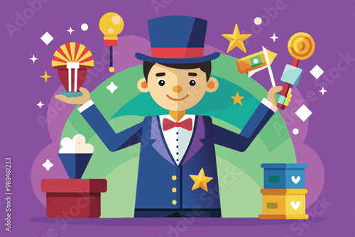 A magician showcases his skills, juggling props and engaging an audience with colorful tricks at a vibrant festival.