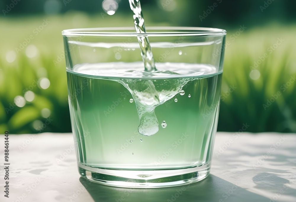 A glass of clear water being filled with water against a blurred green background A glass of clear water being filled with water against a blurred green background