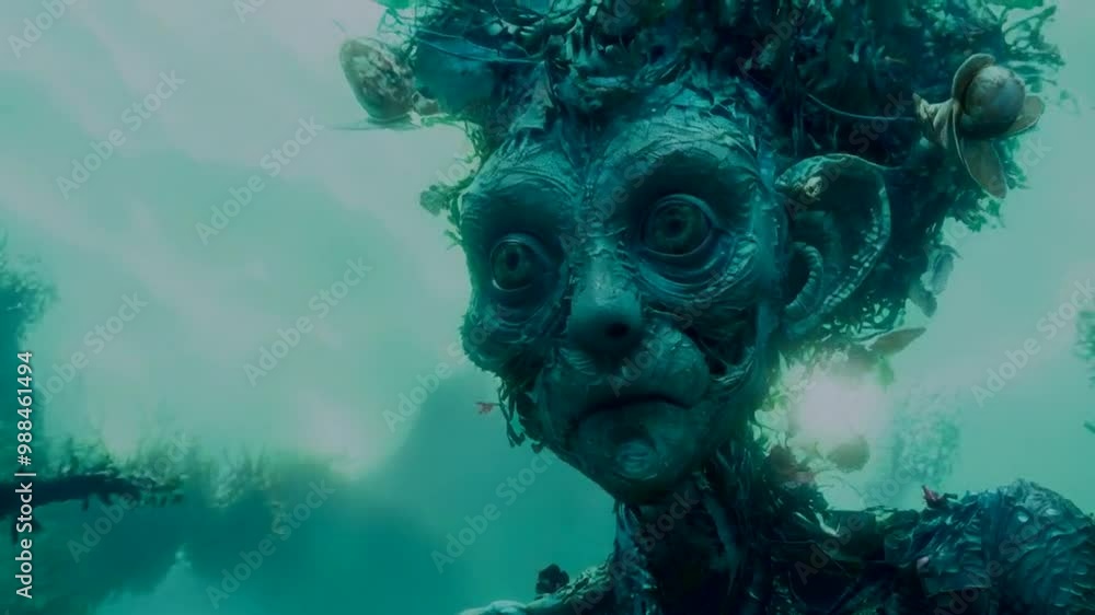 A surreal, robotic figure with intricate details and a haunting expression in a fantastical setting. A surreal, robotic figure with intricate details and a haunting expression in a fantastical setting.