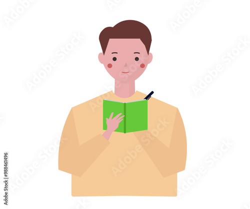 メモを取る男性。メモ帳とペンを持つ人物。ベクターイラスト