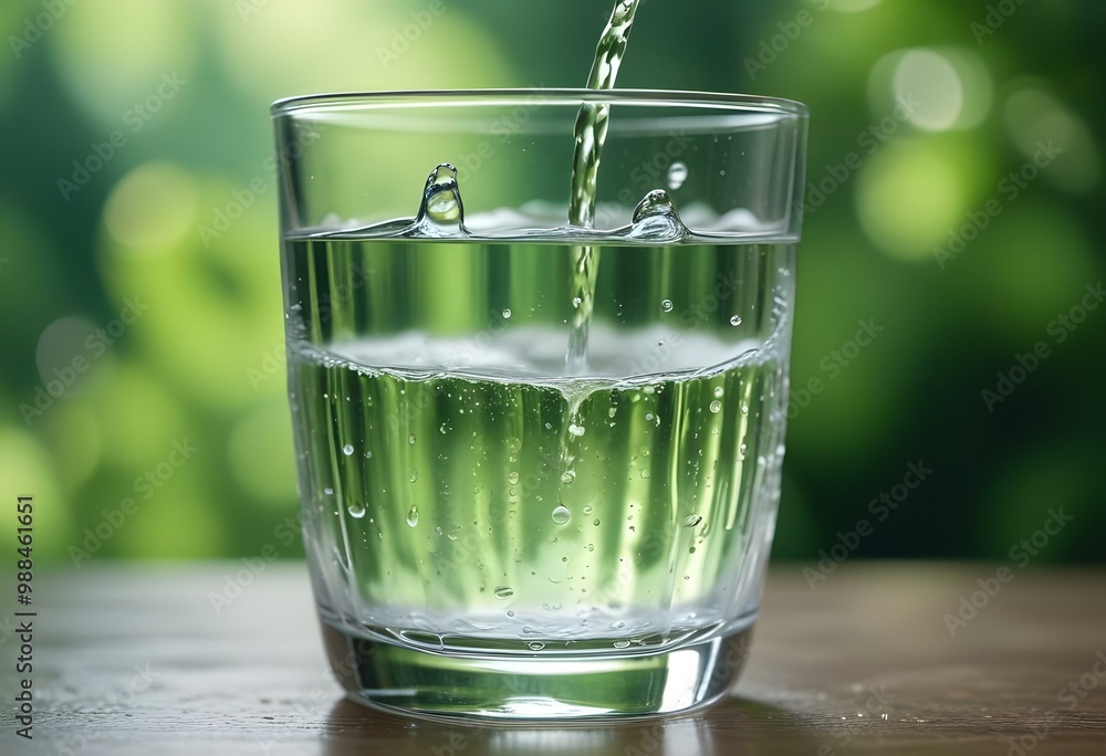 A glass of clear water being filled with water against a blurred green background A glass of clear water being filled with water against a blurred green background