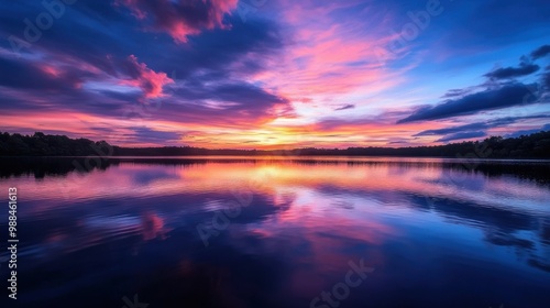 A vibrant sunset over a tranquil lake, with reflections creating a stunning display of colors across the sky and water.