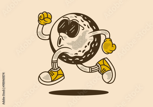 Retro character of golf ball in running pose