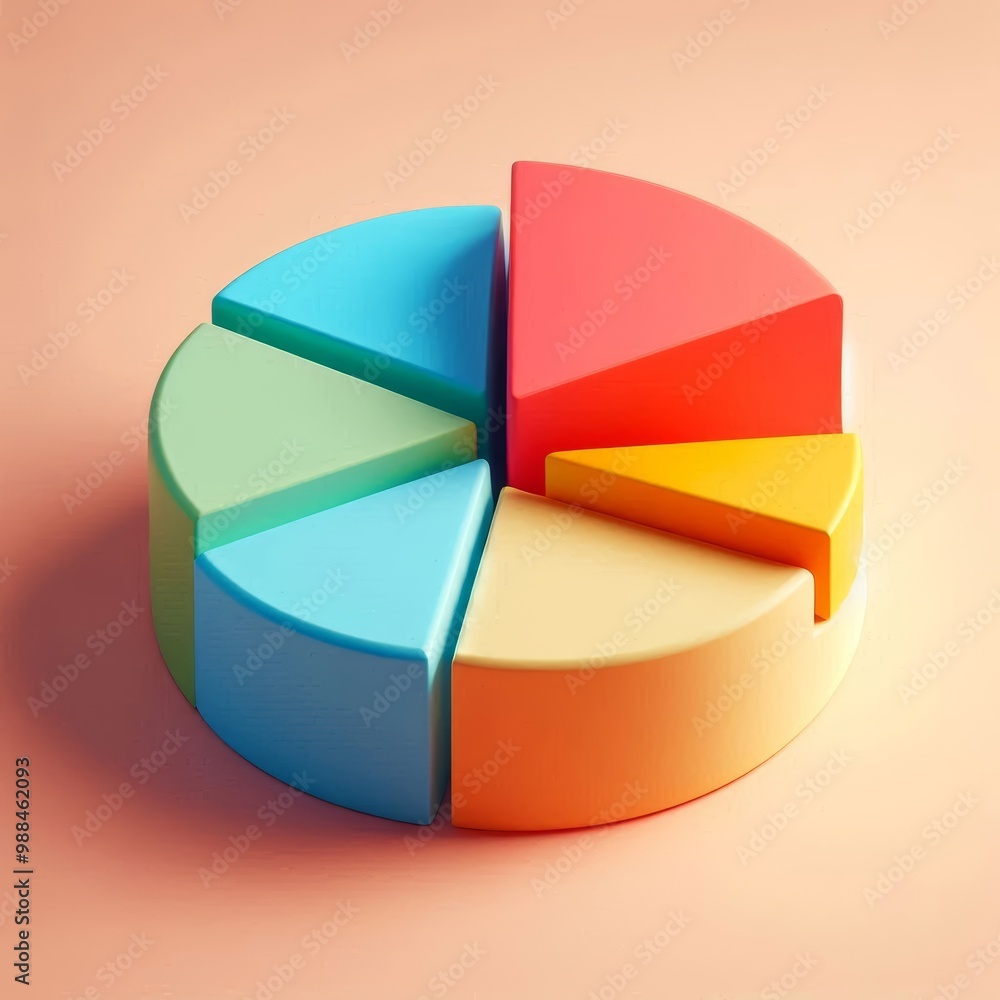 Obraz premium Colorful pie chart model on a soft peach background, representing data visualization.